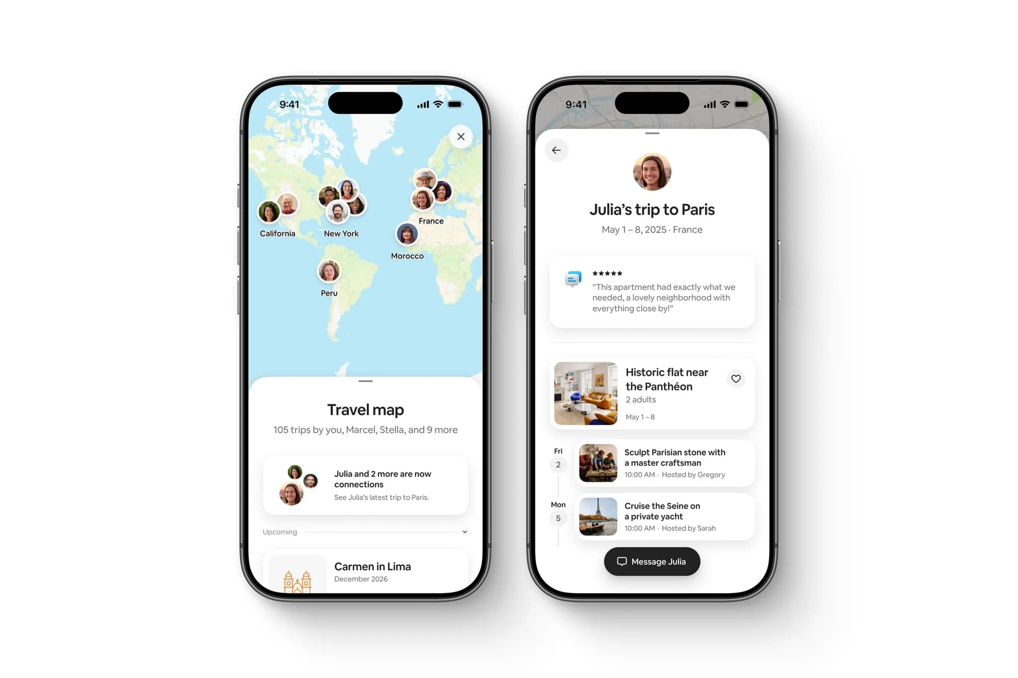 Airbnbs officiella pressbild visar Travel Map och en kontakts Parisresa. Källa och kredit: Airbnb Newsroom, 30 september 2026. Redaktionell pressbild; hela originalet utan beskärning eller effekter. CMS konverterar till webbformat.
