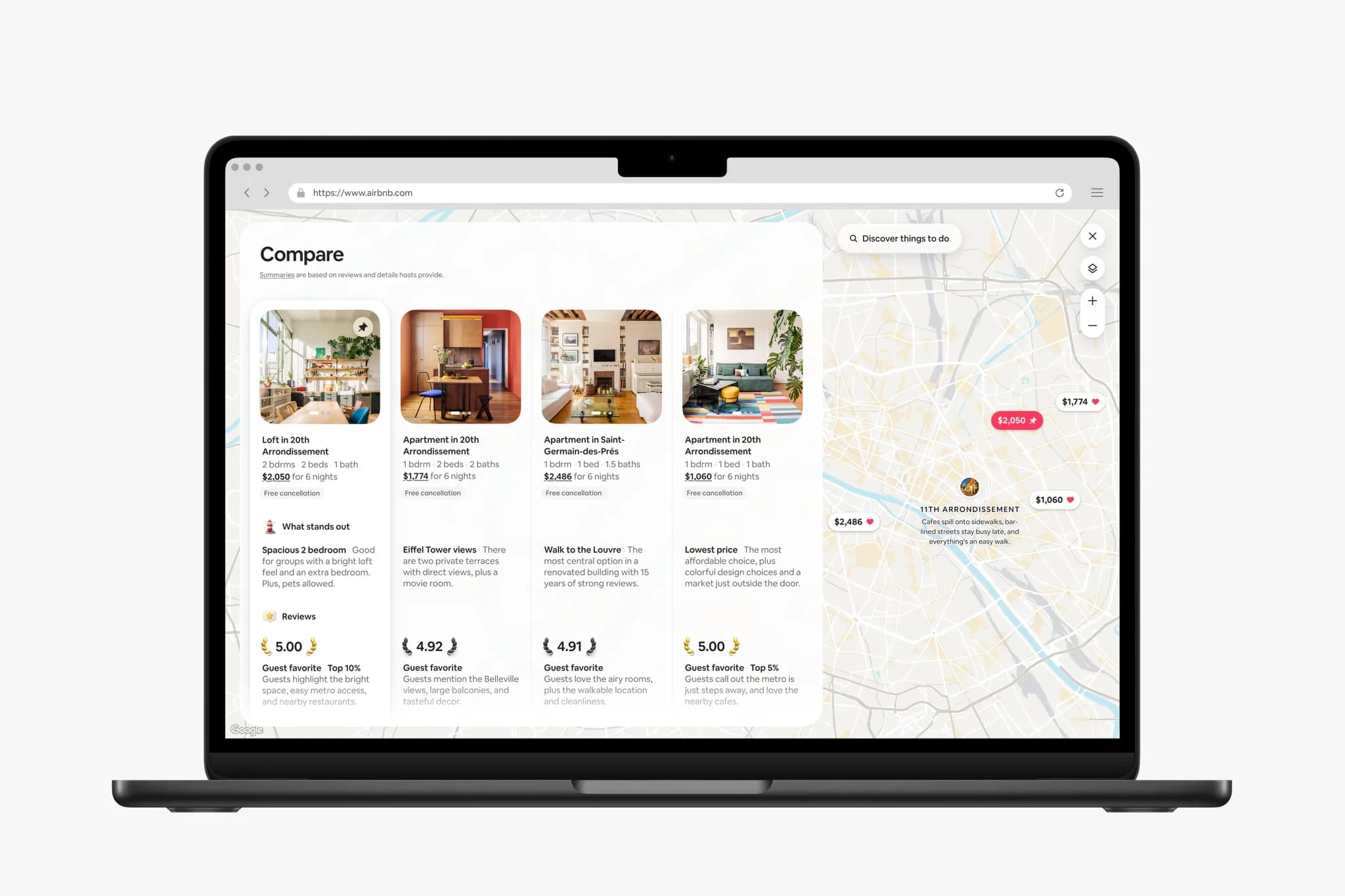Airbnbs jämförelsevy med fyra boenden sida vid sida
