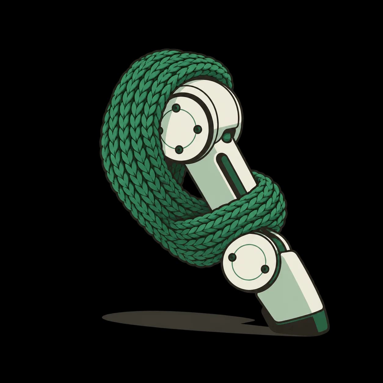 AI-genererad illustration: Debrief. Debriefs konceptuella illustration av en stickad textil och en abstrakt robotled. Bilden visar inte Lassie-produkten.