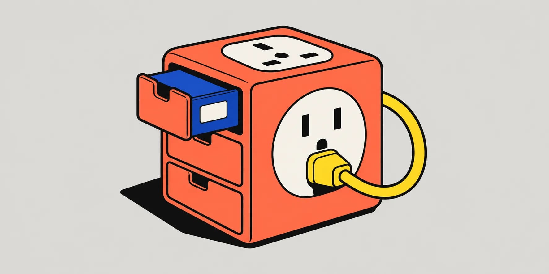 En korallfärgad kontaktadapter med en blå modellkassett och en gul kabel som återansluts.