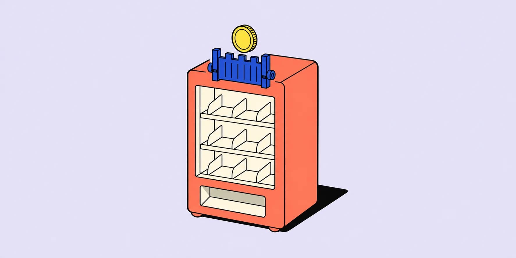 En korallfärgad varuautomat där en blå spärr stoppar ett mynt före betalning.