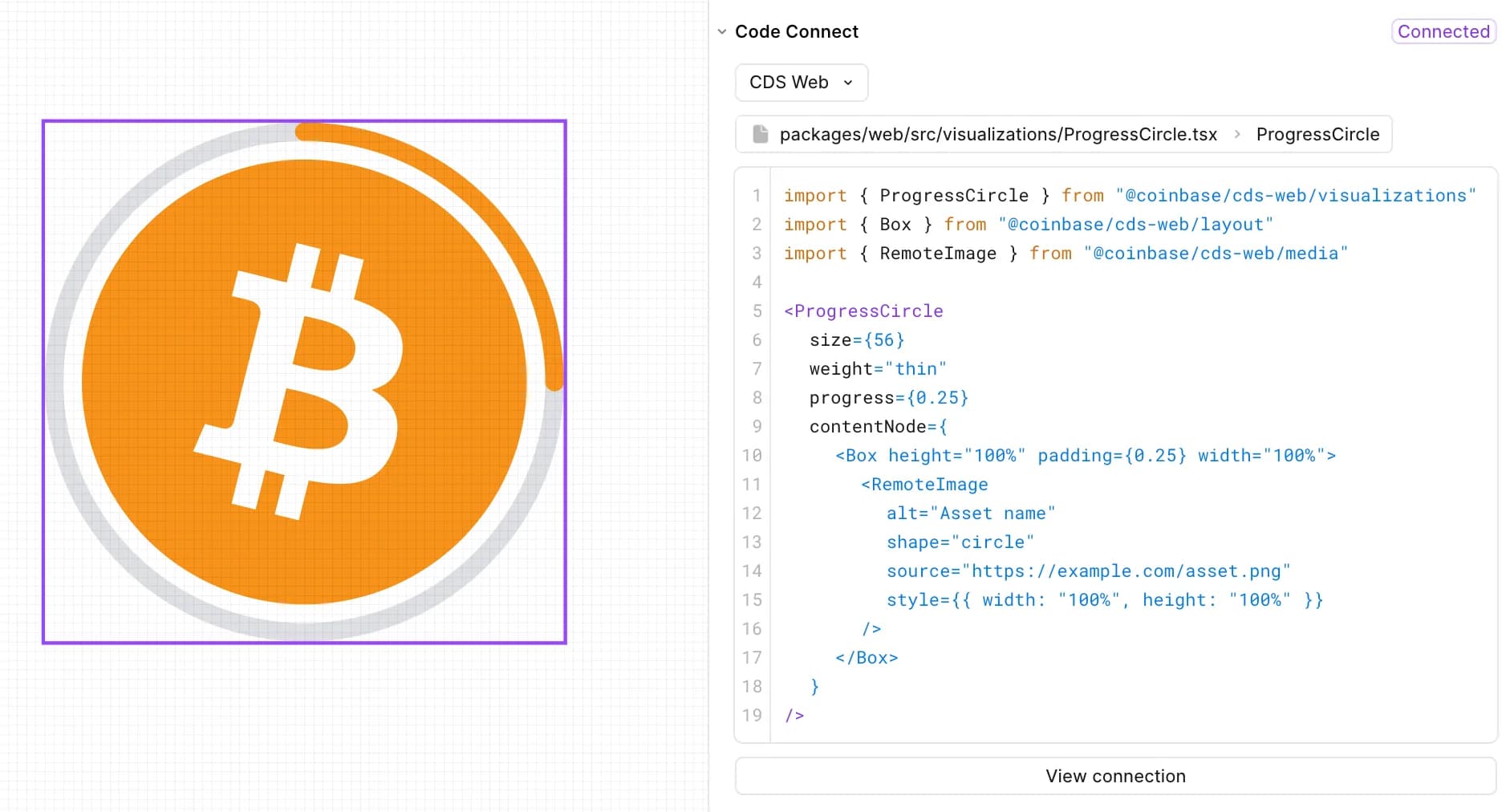 Figmas Code Connect kopplar en Coinbase-komponent i designfilen till motsvarande ProgressCircle i kod.