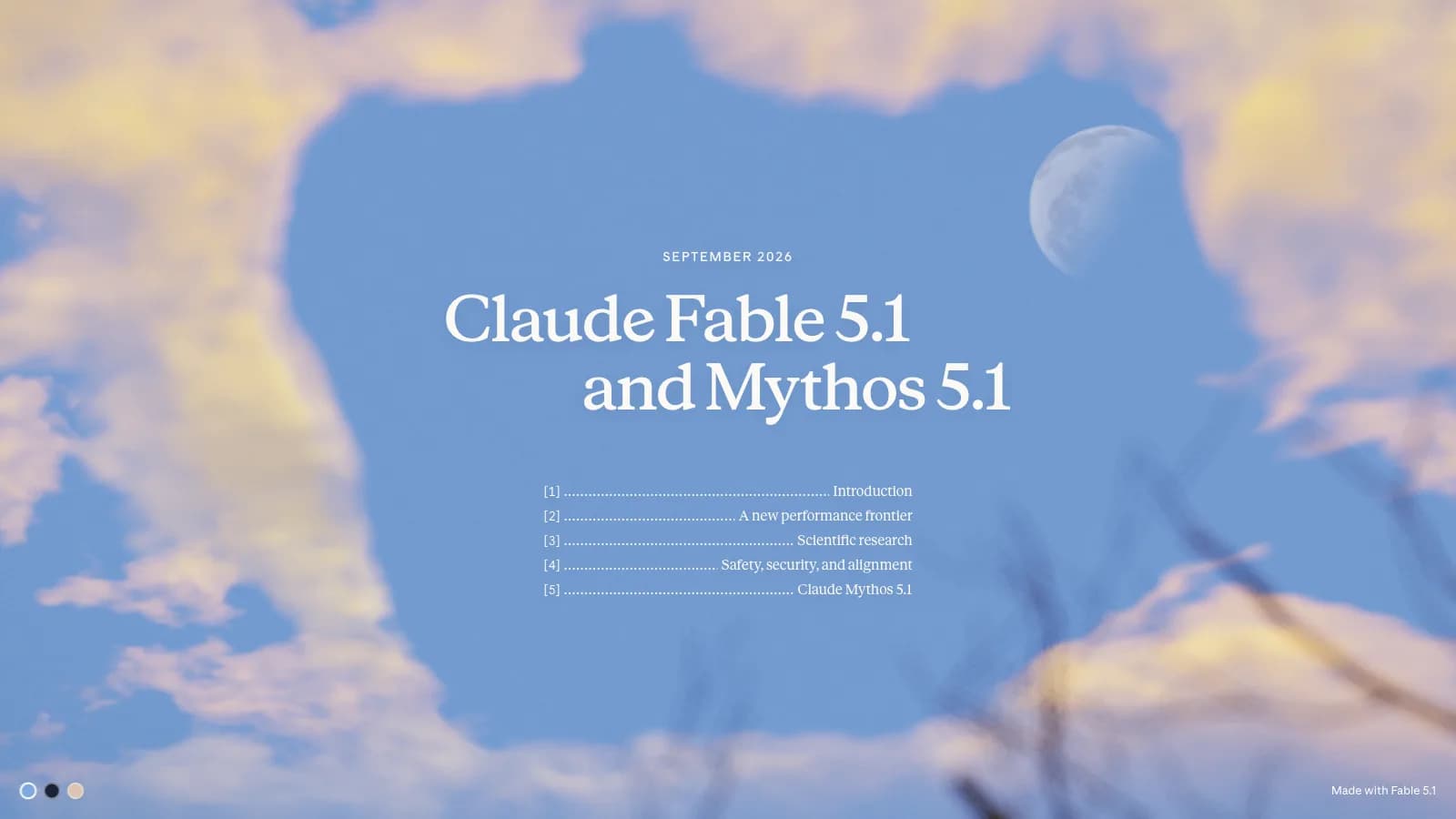 Anthropics officiella lanseringsvy för Claude Fable 5.1 och Claude Mythos 5.1 mot blå himmel och måne.