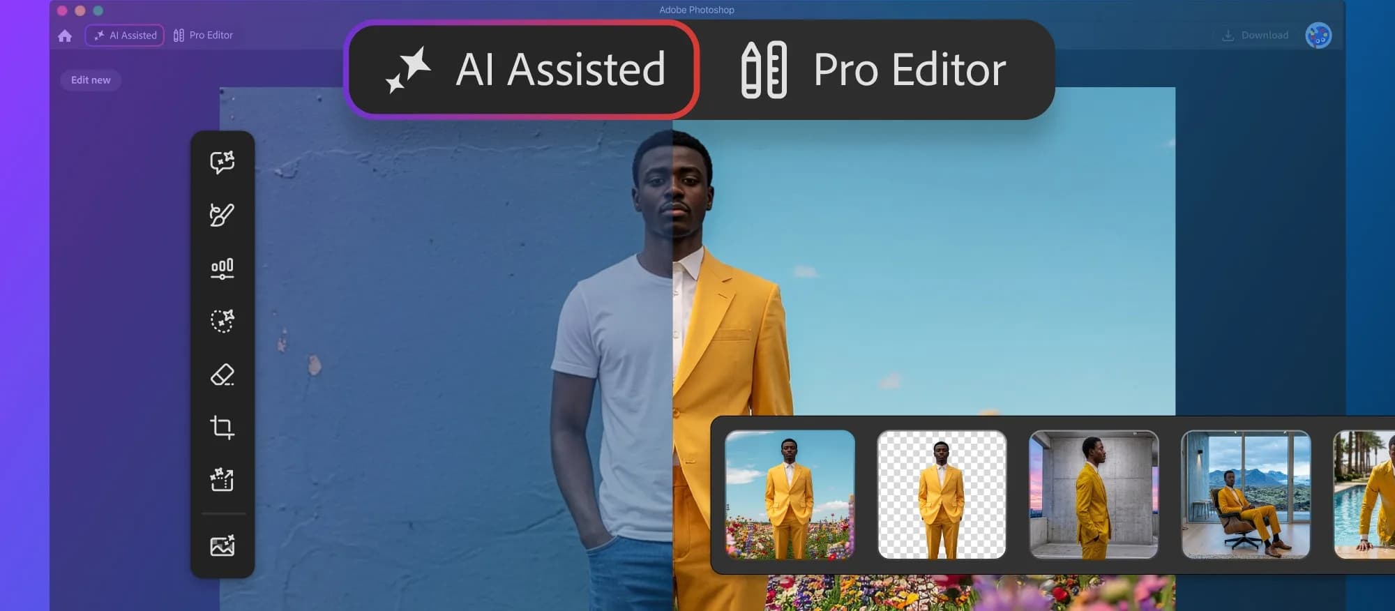 Photoshops nya AI Assisted Editor visar det förenklade AI-läget bredvid Pro Editor.