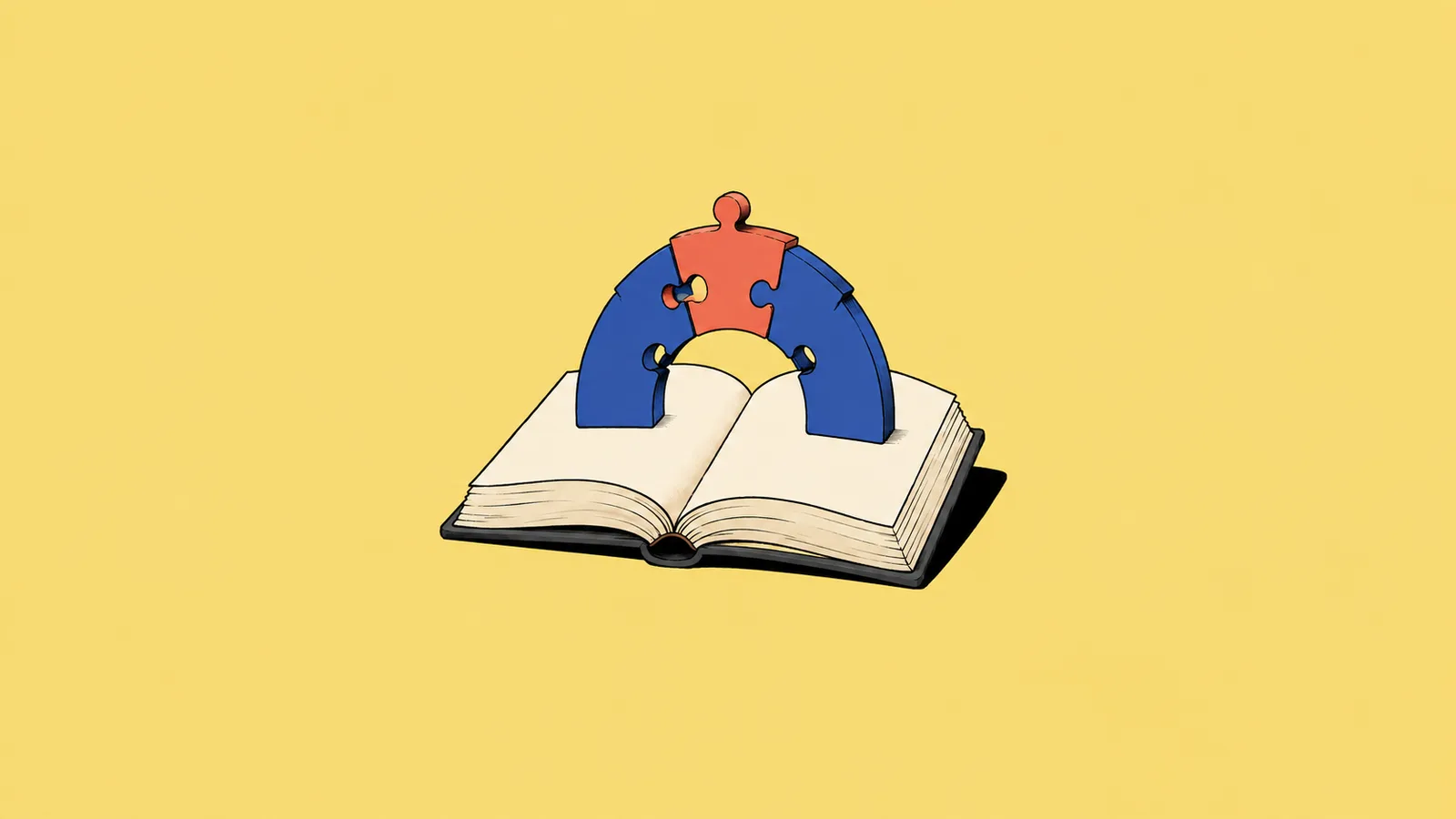 Konceptuell AI-genererad illustration. En sammanfogad pusselbåge över en bok symboliserar kontroll av en redan känd beviskedja. Illustration: Debrief med OpenAI.