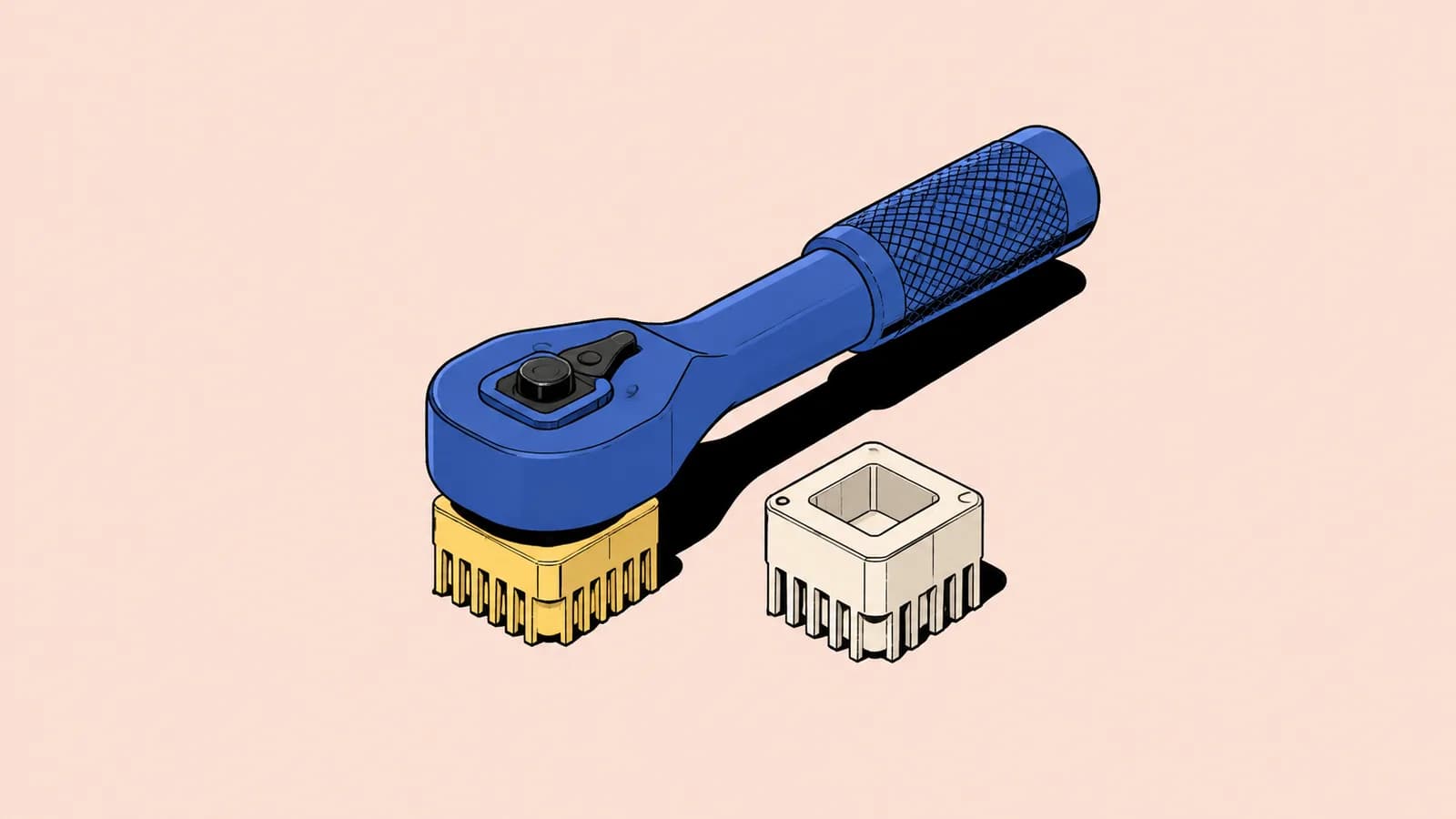 Konceptuell AI-genererad illustration. En hylsnyckel med utbytbara chipformade huvuden symboliserar modulära byggdelar för lokal AI. Illustration: Debrief med OpenAI.