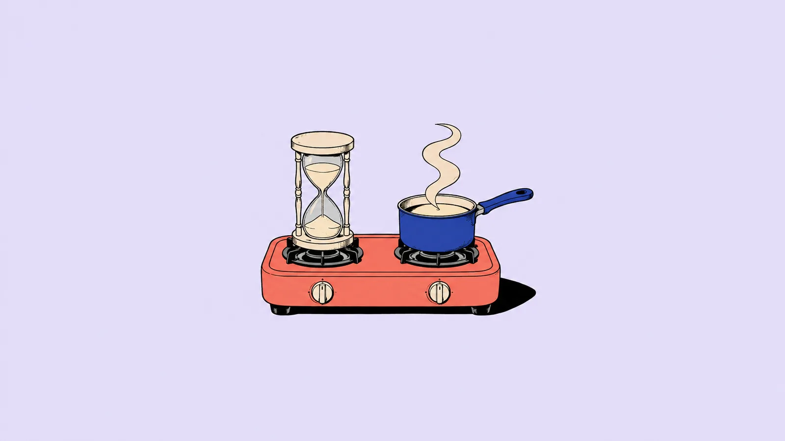 Konceptuell AI-genererad illustration. Ett timglas väntar medan kastrullen arbetar vidare – en metafor för asynkrona verktygsanrop. Illustration: Debrief med OpenAI.