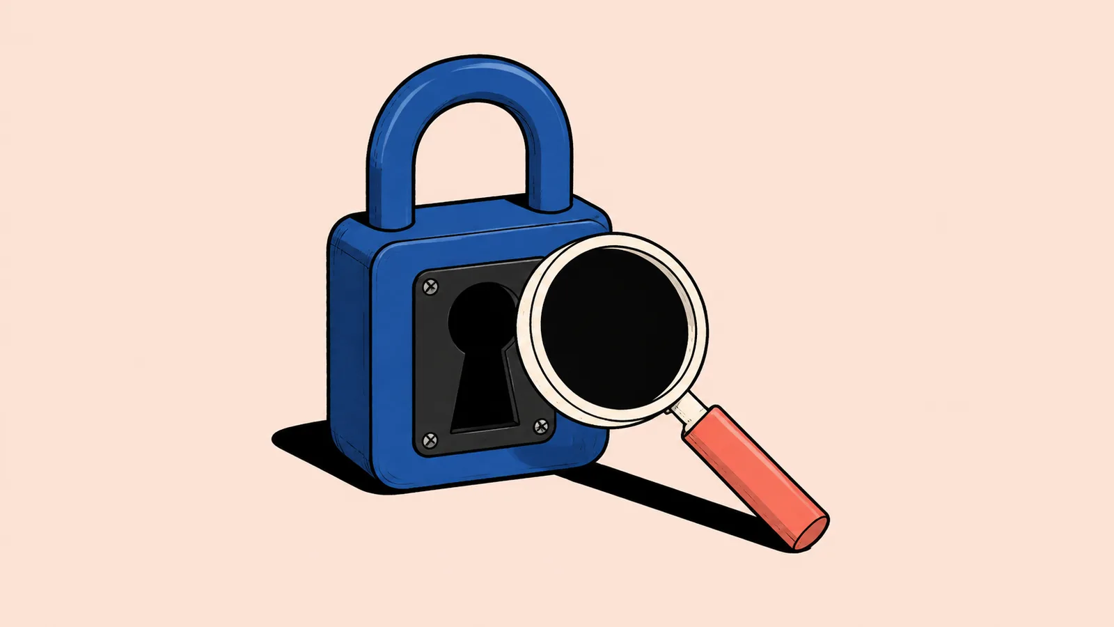 Konceptuell AI-genererad illustration. Ett lås och ett förstoringsglas symboliserar starkare cyberförmåga med begränsad insyn. Illustration: Debrief med OpenAI.