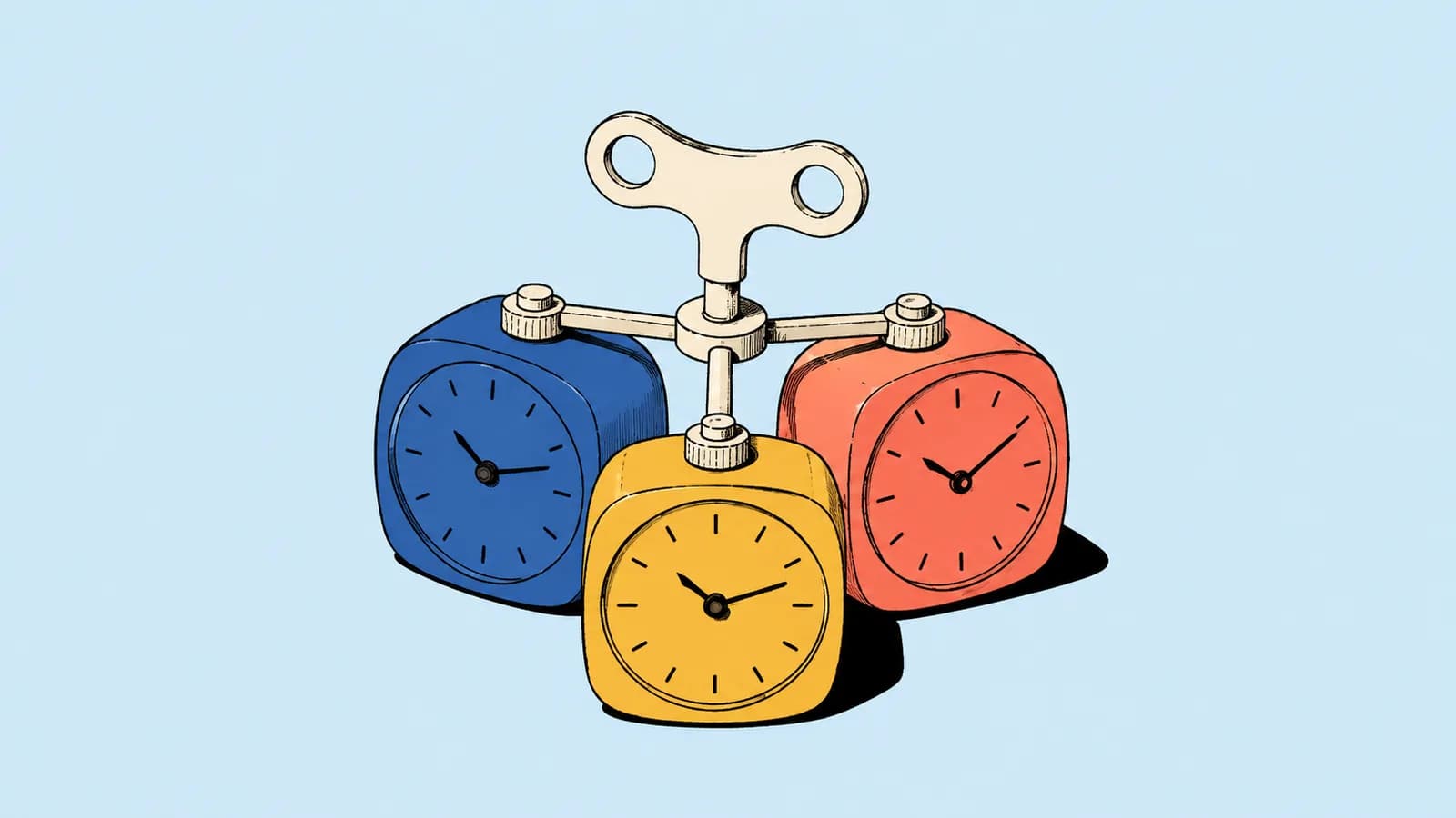 Konceptuell AI-genererad illustration. Tre mekaniska tidtagare kopplade till en gemensam uppdragningsnyckel symboliserar parallellt agentarbete. Illustration: Debrief med OpenAI.