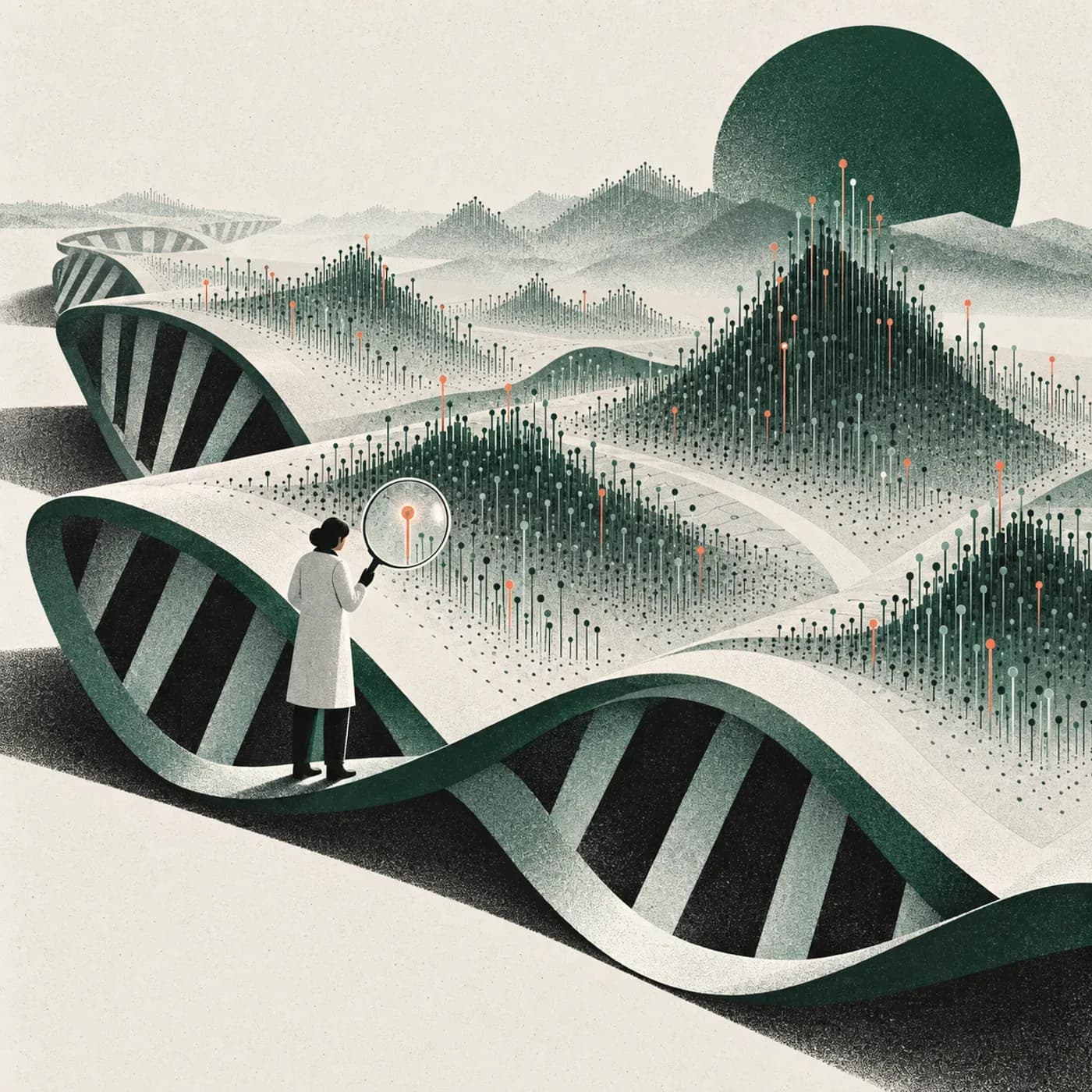 Ett DNA-band vecklar ut sig till en sökbar terräng där en forskare markerar en enskild variant. Illustration: Debrief. AI-genererad originalillustration; beskuren till kvadrat och WebP-komprimerad.