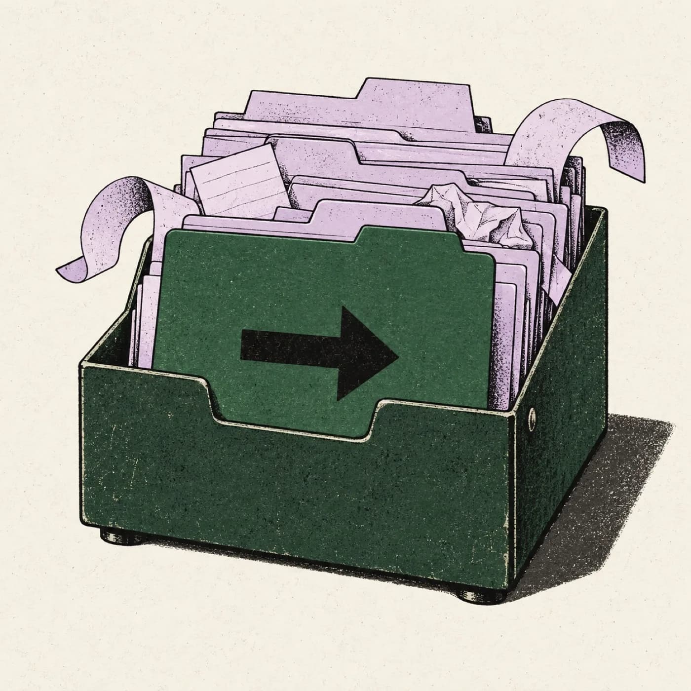 En illustrerad kortlåda där ett tydligt handlingskort ligger framför en rörig bunt papper gestaltar idén att visa nästa steg före bakgrunden. Illustration: Debrief / OpenAI. Bearbetning: genererad illustration, nedskalad till 1 400 px och JPEG-komprimerad.