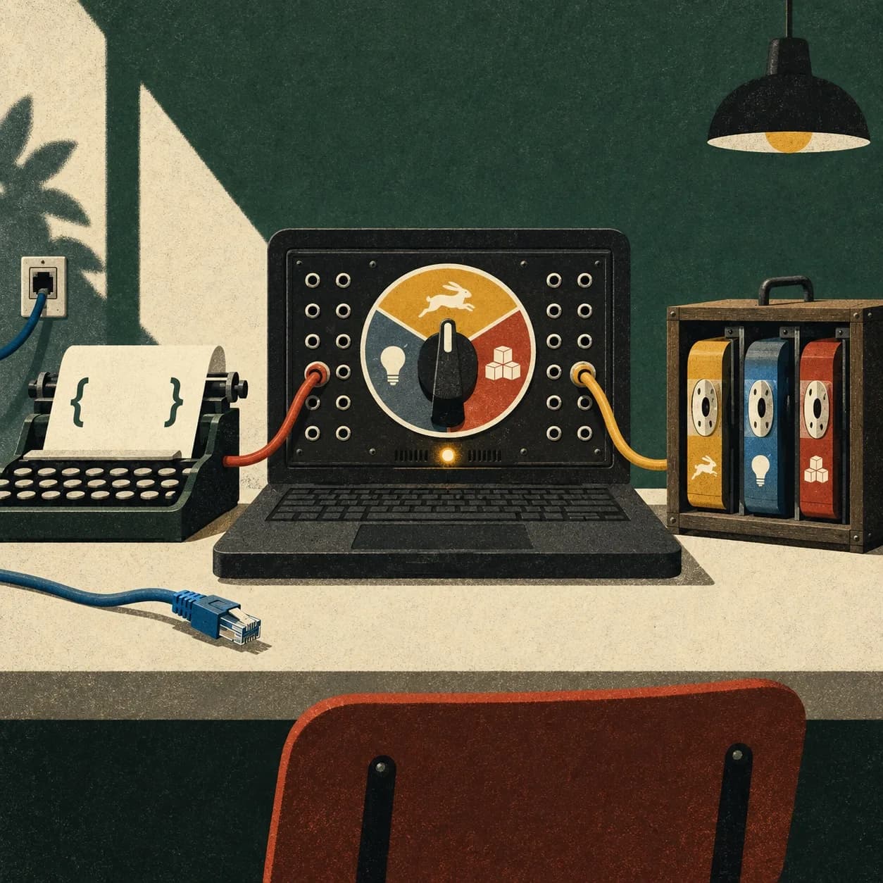 En illustrerad kodskrivande maskin kopplas via en bärbar modellväxel till lokala modellkassetter medan nätverkskabeln ligger urdragen. Illustration: Debrief / OpenAI. Bearbetning: AI-genererad illustration, JPEG-komprimerad till 1 254 × 1 254 pixlar.
