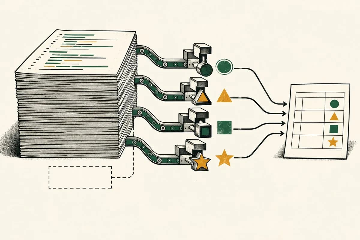 Fyra läsbara kodvägar kan ge olika resultat om beslutet bakom reglerna saknas. Illustration: Debrief. AI-genererad originalillustration i Debriefs art direction; inga autentiska gränssnitt, kodrader, personer, logotyper eller mätdata har ändrats.
