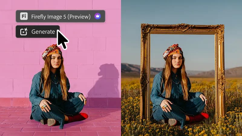 Före- och efterbild visar en promptbaserad Photoshop-redigering där en kvinna placeras i ett landskap med en guldram.