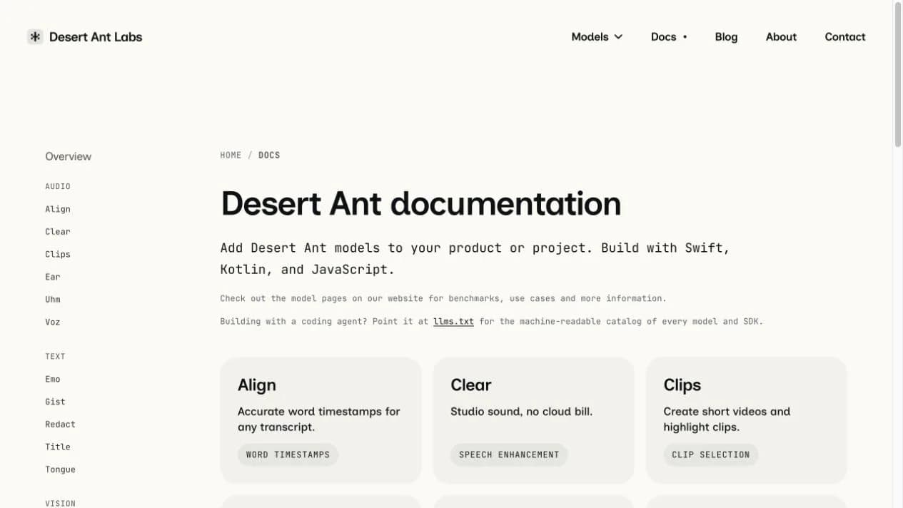 Desert Ants dokumentation med separata modeller för ljud, text och bild.