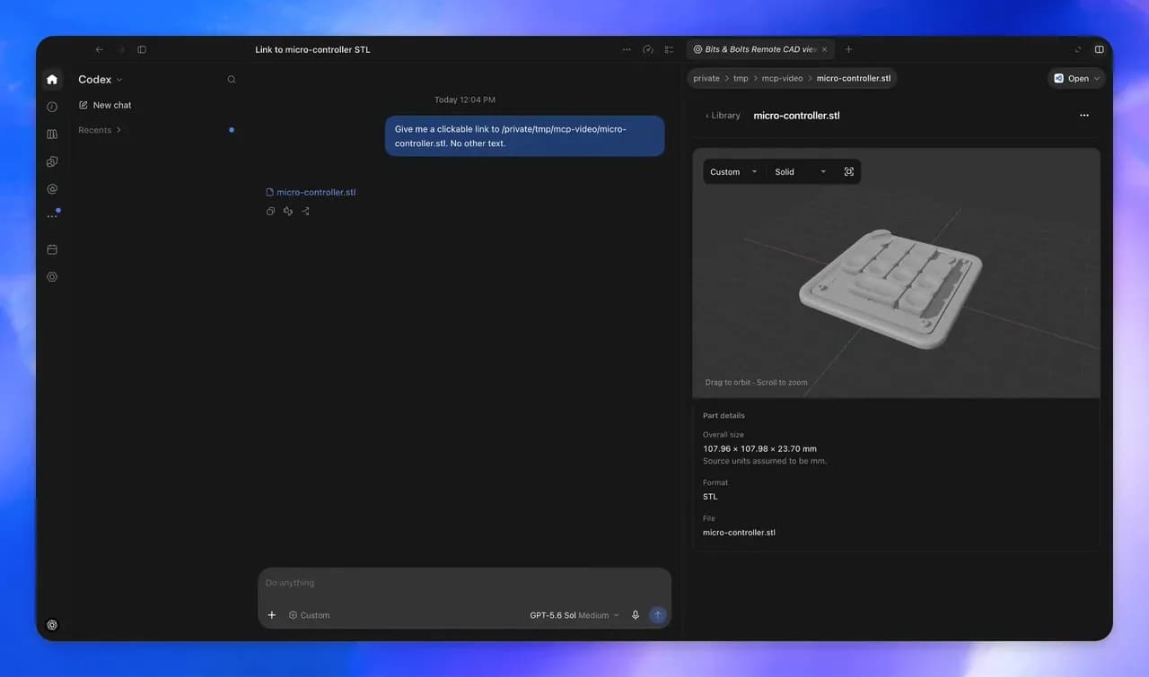 OpenAI:s demo av en STL-filvisare i en sidopanel i Codex