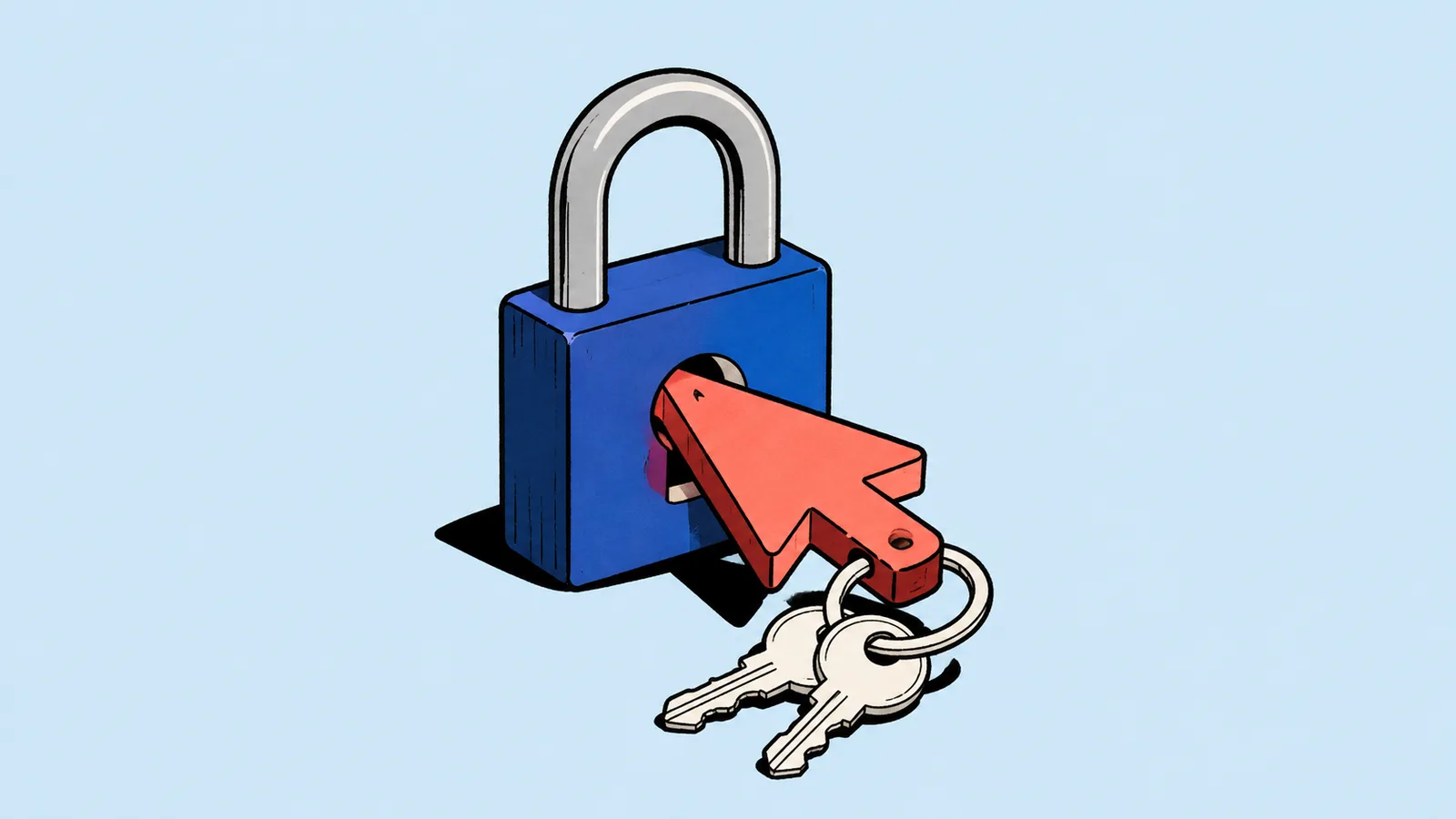 Konceptuell AI-genererad illustration. En markörformad nyckel i ett lås symboliserar centralt styrd åtkomst till designverktyg. Illustration: Debrief med OpenAI.