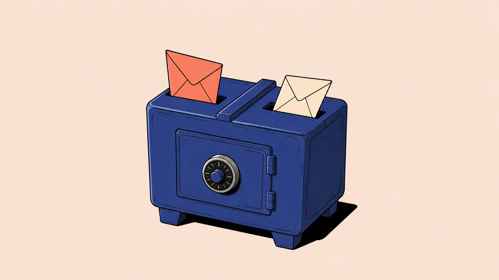 Konceptuell AI-genererad illustration. Två förseglade kuvert förs in i samma kassaskåp och symboliserar privat AI-utvärdering. Illustration: Debrief med OpenAI.