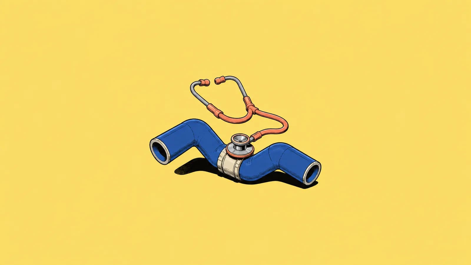 Konceptuell AI-genererad illustration. Ett stetoskop undersöker en sammanhängande rörkedja och symboliserar felsökning av flera anslutna tjänster. Illustration: Debrief med OpenAI.