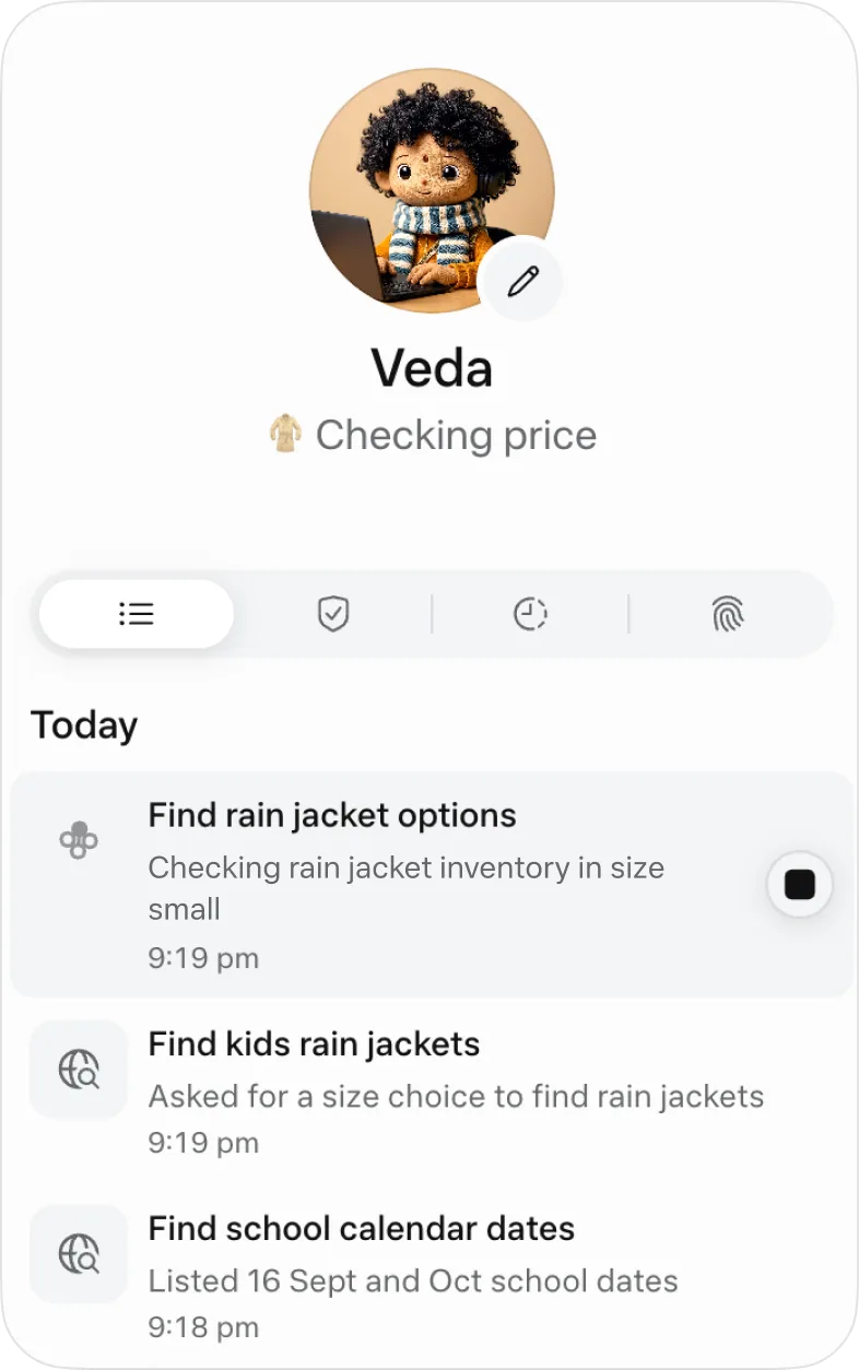 Muse-gränssnittet visar Vedas pågående prisjämförelse och en aktivitetslogg med deluppgifter. Bild och källa: Meta, via How We Designed Muse. Debrief-bearbetning: ingen.